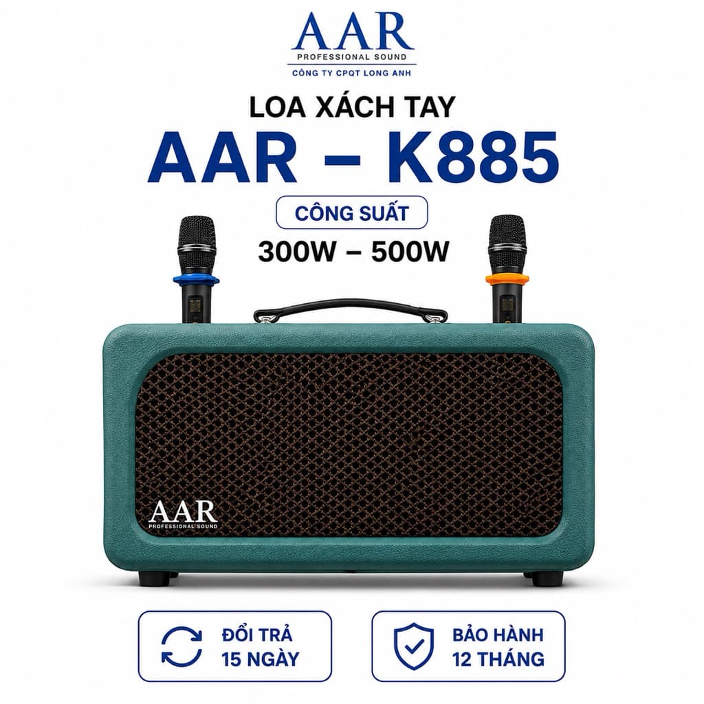Loa Karaoke Xách Tay AAR K885 300W-500W Kèm 2 Micro Không Dây, Bluetooth 5.0, Pin Lithium 4-8 Giờ