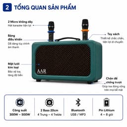 Loa Karaoke Xách Tay AAR K885 300W-500W Kèm 2 Micro Không Dây, Bluetooth 5.0, Pin Lithium 4-8 Giờ 2