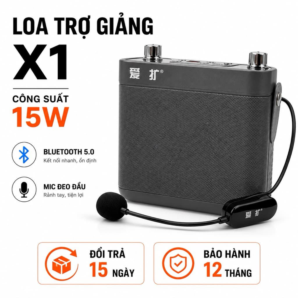 Loa Trợ Giảng X1 15W Bluetooth 5.0 Kèm Mic Đeo Đầu – Âm Thanh Lớn, Pin Sạc USB, Dùng Cho Giáo Viên, Bán Hàng