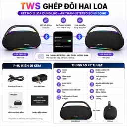 Loa Bluetooth YIBOLANG V113 120W - Pin 12000mAh, Bluetooth 5.0, Đèn LED RGB, TWS Ghép Đôi, Loa Xách Tay Âm Thanh 360° 7
