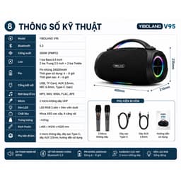 LOA KARAOKE BLUETOOTH YIBOLANG V95 300W KÈM 2 MICRO KHÔNG DÂY - PIN 24000mAh - LOA XÁCH TAY NGHE NHẠC HÁT KARAOKE 9