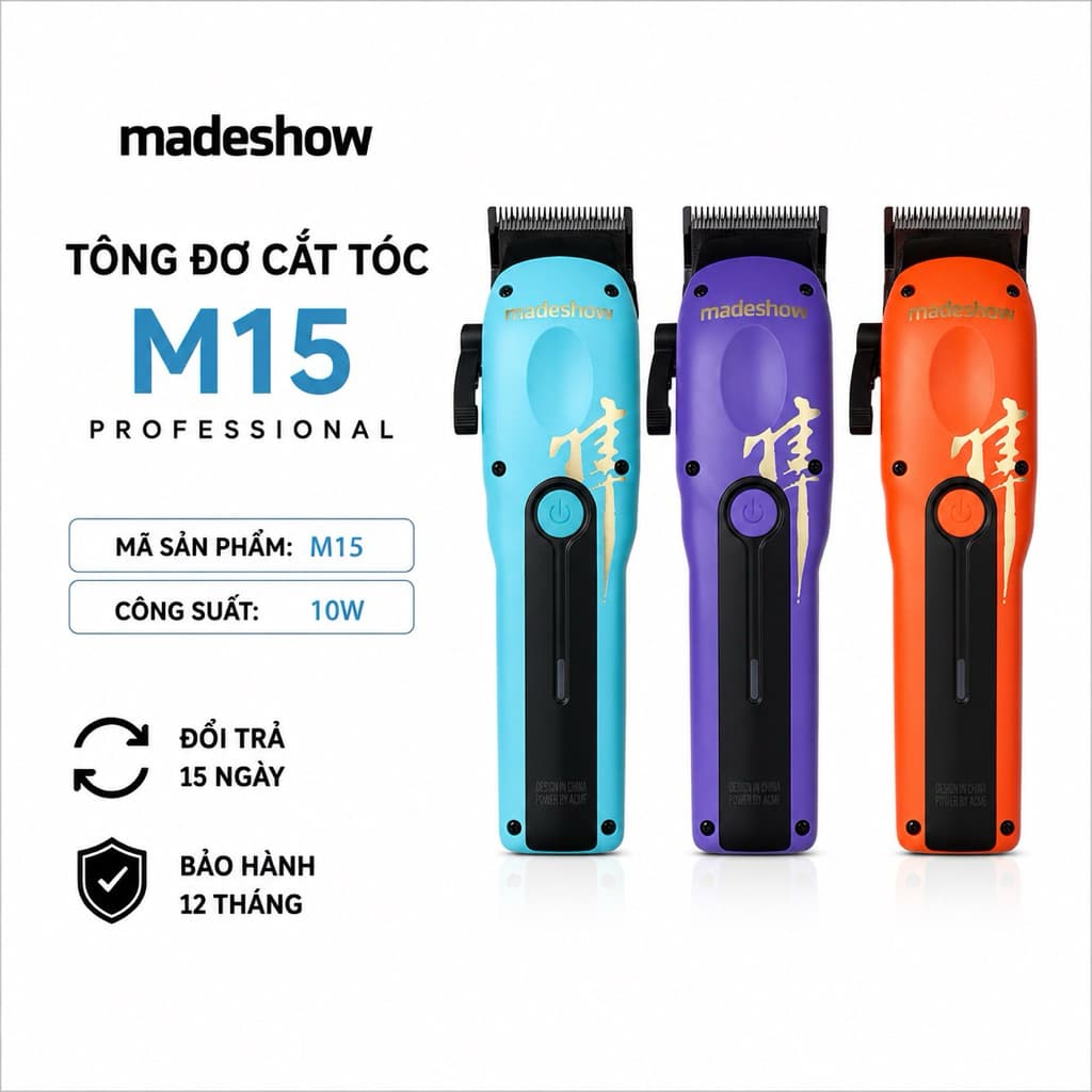 Tông Đơ Cắt Tóc Madeshow M15 Professional 10W - Pin Sạc Type-C, Lưỡi Thép Cao Cấp, Máy Cắt Tóc Không Dây Chuyên Nghiệp