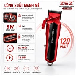Tông Đơ Cắt Tóc ZSZ-6800 Chuyên Nghiệp 5W Pin Sạc Mạnh Lưỡi Thép Không Gỉ Kèm 4 Cữ Cắt Cho Gia Đình Barber Salon 3