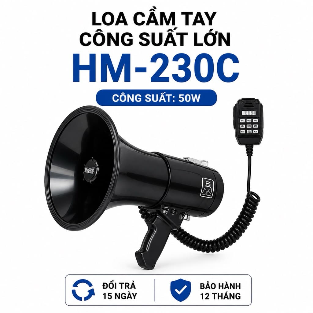 Loa Cầm Tay Công Suất Lớn HM-230C 50W Bluetooth | Loa Phát Thanh Cầm Tay Có Ghi Âm, USB, Thẻ Nhớ, Còi Báo, Truyền Âm Xa