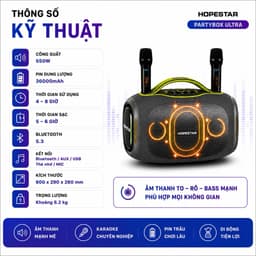 Loa Bluetooth Karaoke HOPESTAR PARTYBOX ULTRA 550W Kèm 2 Micro Không Dây - Pin 36000mAh - Đèn LED RGB - Hỗ Trợ USB/AUX 3