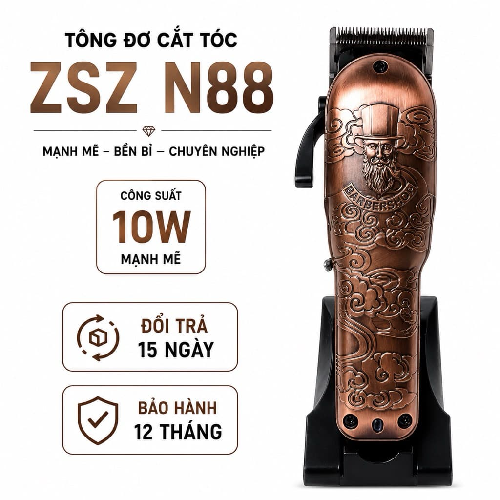 Tông Đơ ZSZ N88 10W Không Dây Cắt Tóc Cạo Viền Tỉa Râu Lưỡi Thép Sạc USB