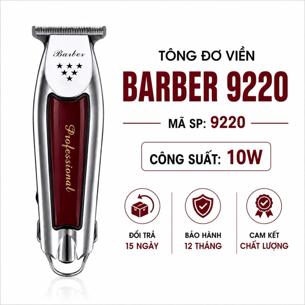 Tông Đơ Viền Barber 9220 10W Chuyên Nghiệp - Lưỡi T-Line Sắc Bén - Động Cơ Mạnh - Kèm 3 Cữ Cắt, Sạc 2 Chân