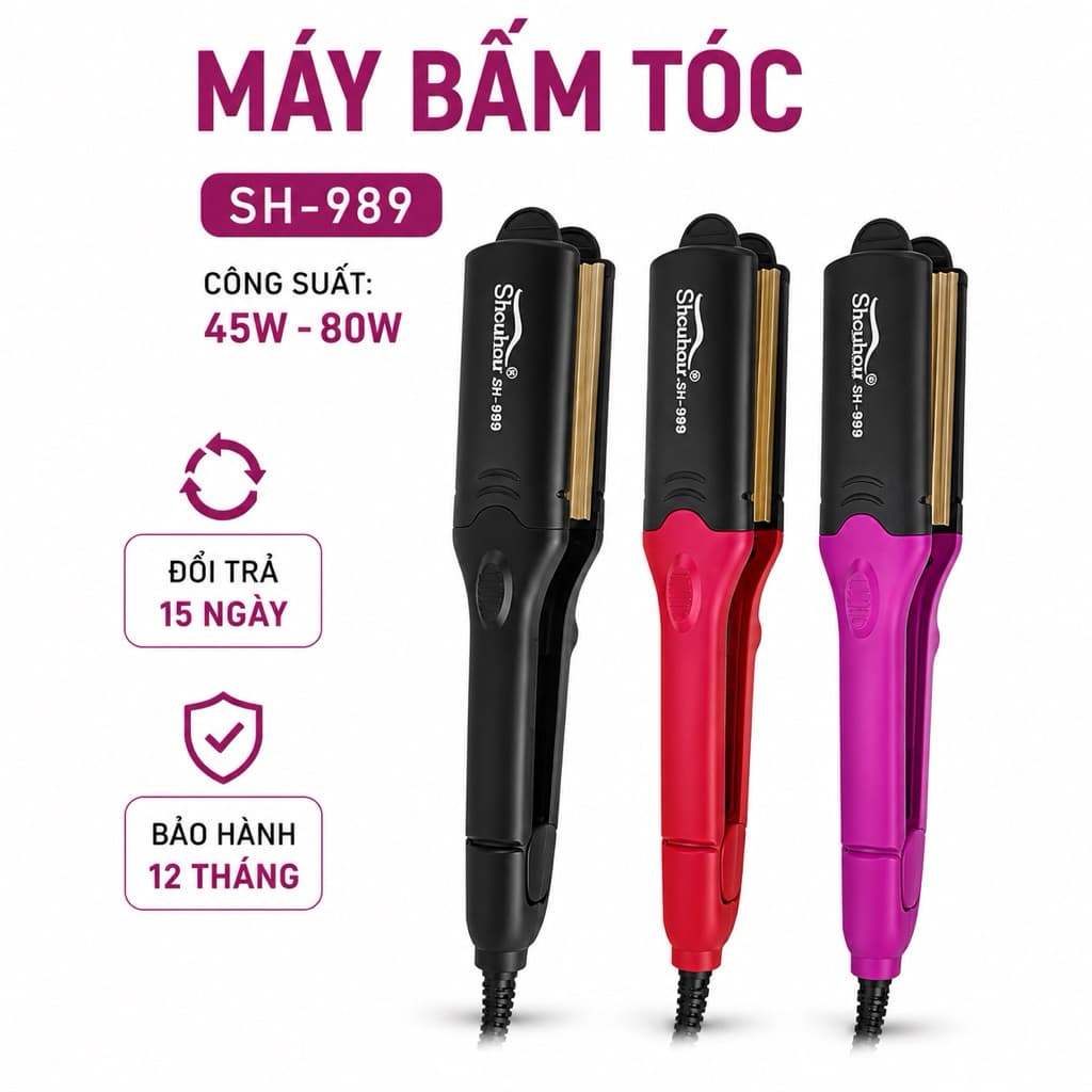 Máy Bấm Tóc SH-989 Thay Bản 45W-80W 5 Mức Nhiệt 140-220°C Kẹp Bấm Xù Chân Tóc Uốn Sóng Thay Bản Ceramic Chuyên Nghiệp