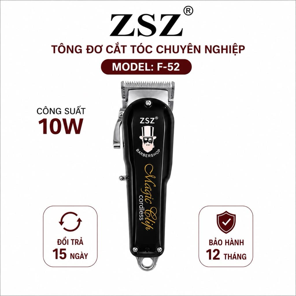 Tông Đơ Cắt Tóc ZSZ F52 10W Không Dây Chuyên Nghiệp - Lưỡi Thép Không Gỉ, Pin Trâu, Kèm 6 Cữ Cắt