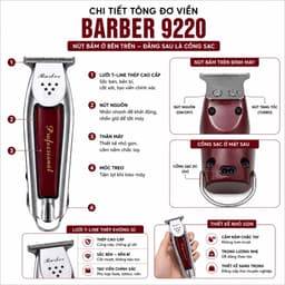 Tông Đơ Viền Barber 9220 10W Chuyên Nghiệp - Lưỡi T-Line Sắc Bén - Động Cơ Mạnh - Kèm 3 Cữ Cắt, Sạc 2 Chân 8