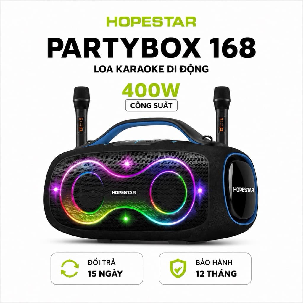 Loa Karaoke Bluetooth HOPESTAR PARTYBOX 168 100W Kèm 2 Micro Không Dây UHF, Bluetooth 5.3, Pin 32000mAh, Chống Nước IPX5