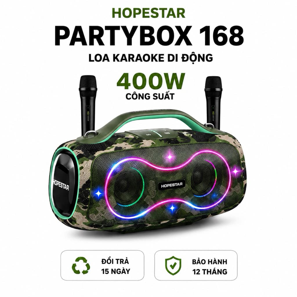 Loa Karaoke Bluetooth HOPESTAR PARTYBOX 168 400W Kèm 2 Micro Không Dây UHF, Bluetooth 5.3, Pin 32000mAh, Chống Nước IPX5