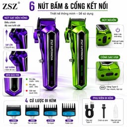 Tông Đơ Cắt Tóc ZSZ N20 10W Chuyên Nghiệp Pin Lithium Sạc Type-C Lưỡi Thép Không Gỉ Kèm 4 Cữ Cắt Tóc 6
