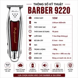 Tông Đơ Viền Barber 9220 10W Chuyên Nghiệp - Lưỡi T-Line Sắc Bén - Động Cơ Mạnh - Kèm 3 Cữ Cắt, Sạc 2 Chân 2