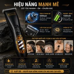 Tông Đơ Chấn Viền HJP D8 6W Chính Hãng - Máy Cắt Tóc Barber Chuyên Nghiệp, Lưỡi Titan, Pin 1500mAh, Sạc USB, Cạo Viền 8