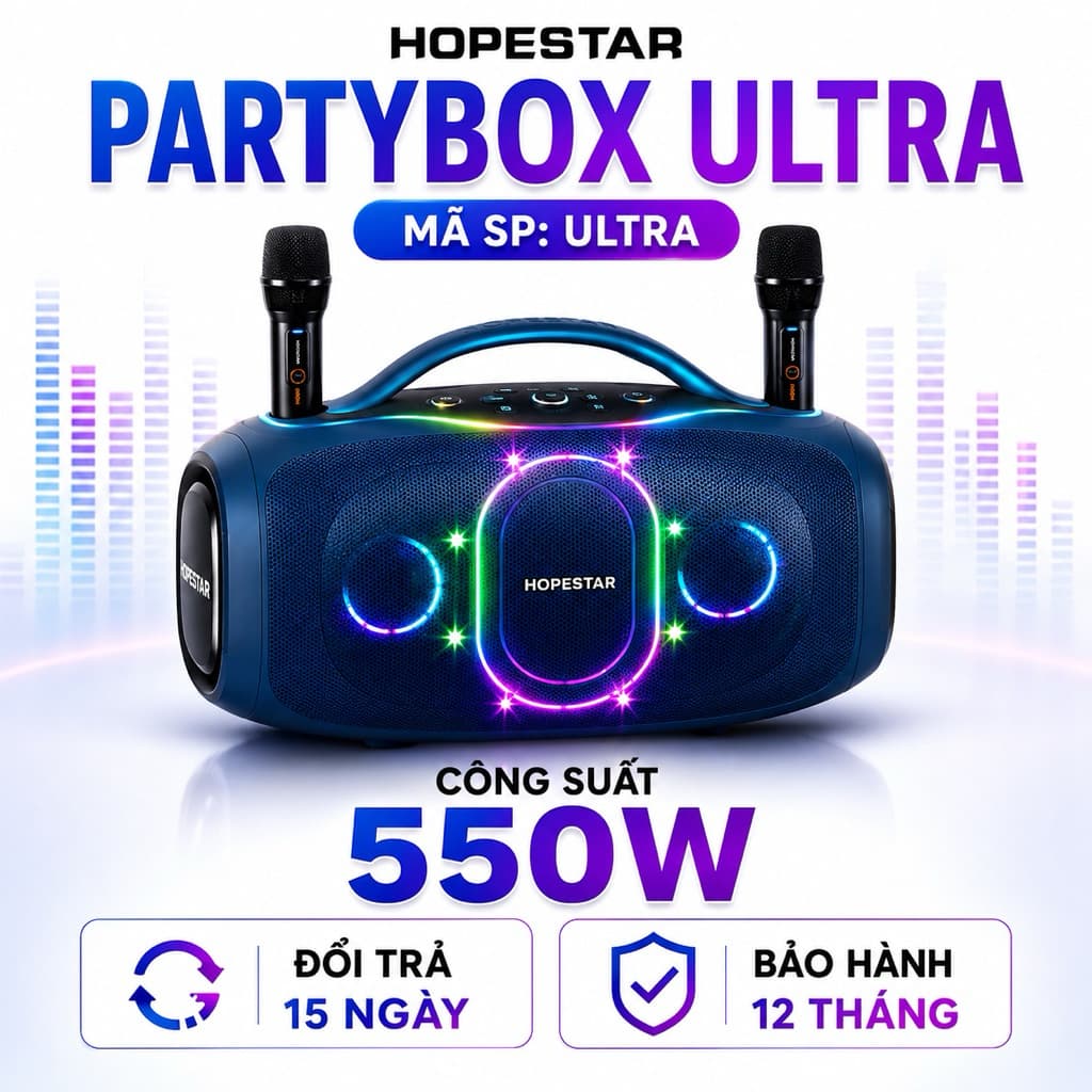 Loa Bluetooth Karaoke HOPESTAR PARTYBOX ULTRA 550W Kèm 2 Micro Không Dây - Pin 36000mAh - Đèn LED RGB - Hỗ Trợ USB/AUX
