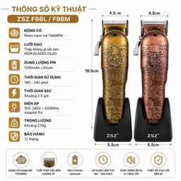Tông Đơ Cắt Tóc ZSZ F98L/F98M Chuyên Nghiệp - Động Cơ 7500RPM - Lưỡi Thép Không Gỉ - Pin Lithium 1200mAh - Cắt Tóc 3