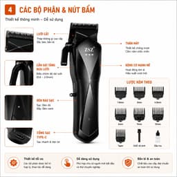 Tông Đơ Cắt Tóc ZSZ N35 10W Chuyên Nghiệp - Pin Sạc Type-C, Lưỡi Thép Không Gỉ, Kèm 8 Cữ Cắt, Dùng Cho Gia Đình & Barber 4