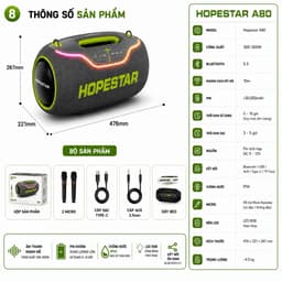 Loa Bluetooth Hopestar A80, Công Suất 300-500W, Hỗ Trợ TF Card, LED, Chống Nước IP6, Pin Trâu Sạc 30.000mAh 8