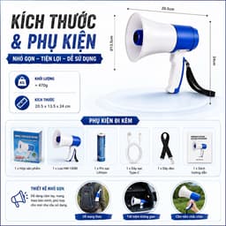 Loa Phóng Thanh Cầm Tay HM-130BI Bluetooth 15W Ghi Âm 180 Giây Phát Nhạc USB Pin Sạc Lithium 8