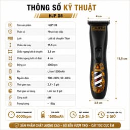 Tông Đơ Chấn Viền HJP D8 6W Chính Hãng - Máy Cắt Tóc Barber Chuyên Nghiệp, Lưỡi Titan, Pin 1500mAh, Sạc USB, Cạo Viền 3
