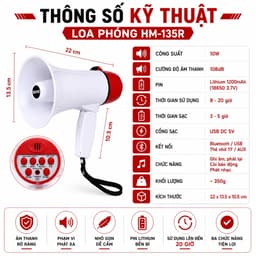 Loa Phóng Cầm Tay HM-135R 10W Ghi Âm Phát Lại 180 Giây - Pin Lithium Sạc USB - Còi Báo Động 108dB 7