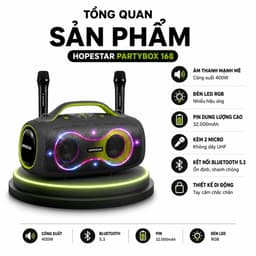 Loa Karaoke Bluetooth HOPESTAR PARTYBOX 168 400W Kèm 2 Micro Không Dây UHF, Bluetooth 5.3, Pin 32000mAh, Chống Nước IPX5 3