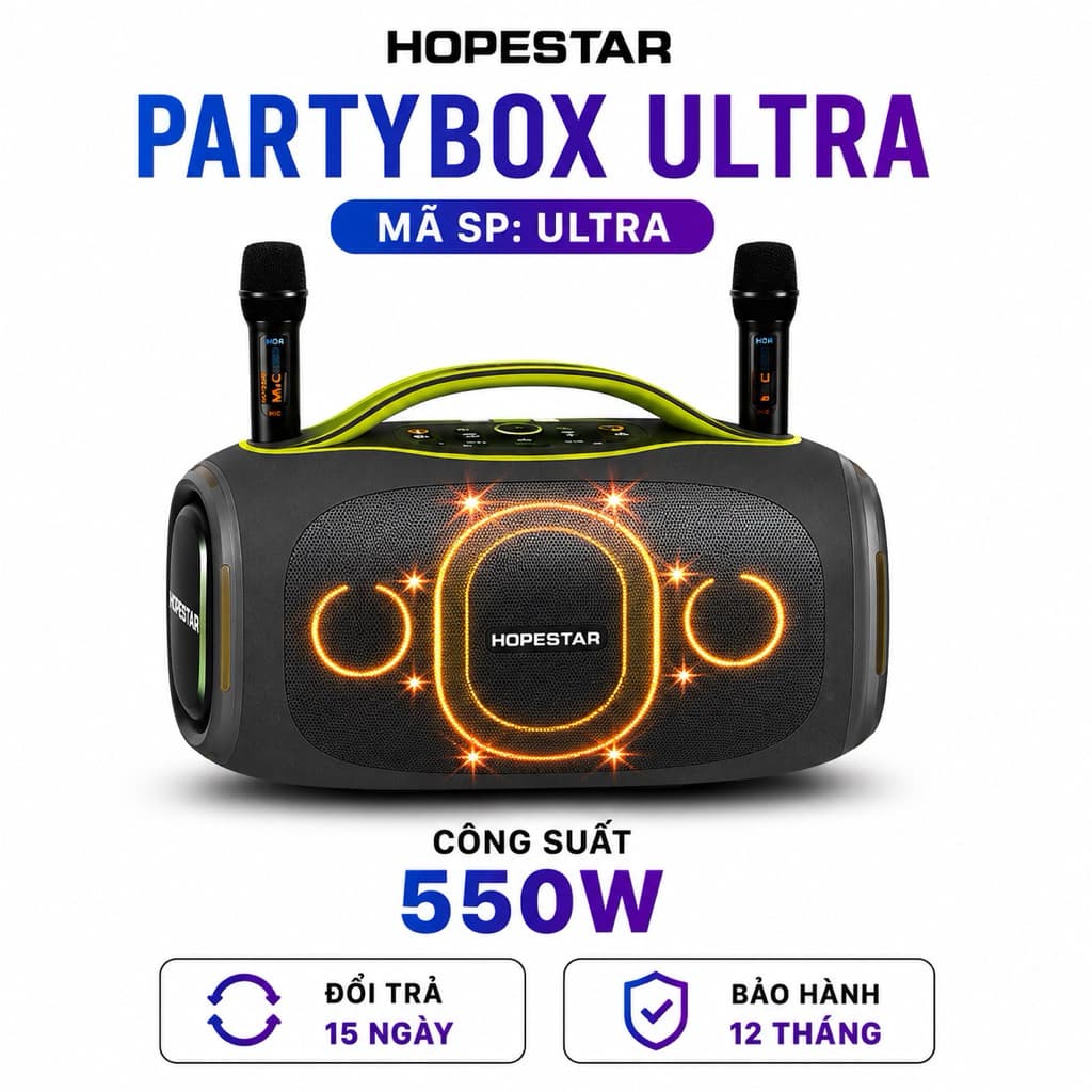 Loa Bluetooth Karaoke HOPESTAR PARTYBOX ULTRA 550W Kèm 2 Micro Không Dây - Pin 36000mAh - Đèn LED RGB - Hỗ Trợ USB/AUX