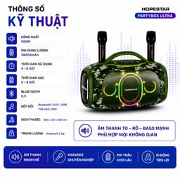 Loa Bluetooth Karaoke HOPESTAR PARTYBOX ULTRA 550W Kèm 2 Micro Không Dây - Pin 36000mAh - Đèn LED RGB - Hỗ Trợ USB/AUX 3