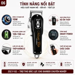 Tông Đơ Cắt Tóc ZSZ F52 10W Không Dây Chuyên Nghiệp - Lưỡi Thép Không Gỉ, Pin Trâu, Kèm 6 Cữ Cắt 6
