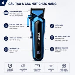 Tông Đơ Cắt Tóc ZSZ Z27 10W Chuyên Nghiệp 7000RPM Pin 2000mAh Màn Hình LED Cắt Fade Không Dây 4