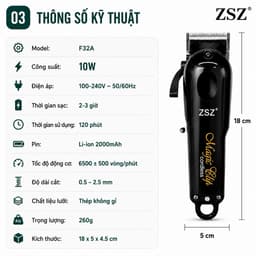 Tông Đơ ZSZ F32A 10W Không Dây Cắt Tóc Barber Chuyên Nghiệp Pin 2000mAh 3
