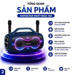 Loa Karaoke Bluetooth HOPESTAR PARTYBOX 168 400W Kèm 2 Micro Không Dây UHF, Bluetooth 5.3, Pin 32000mAh, Chống Nước IPX5 3