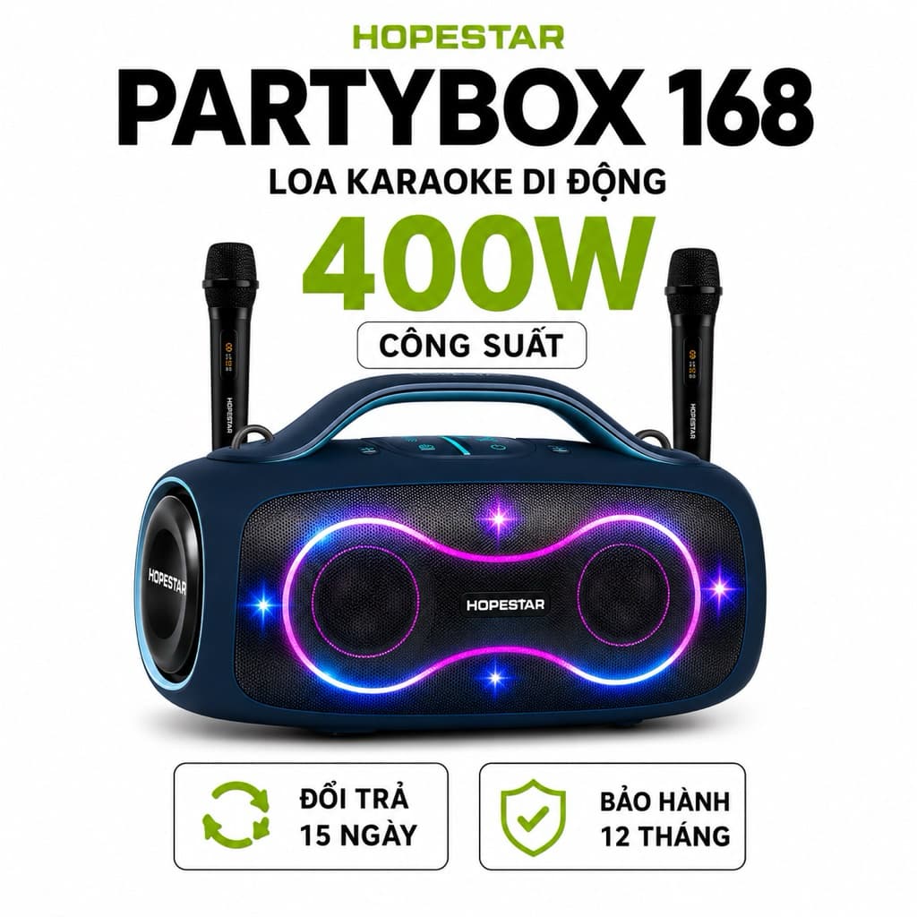 Loa Karaoke Bluetooth HOPESTAR PARTYBOX 168 400W Kèm 2 Micro Không Dây UHF, Bluetooth 5.3, Pin 32000mAh, Chống Nước IPX5