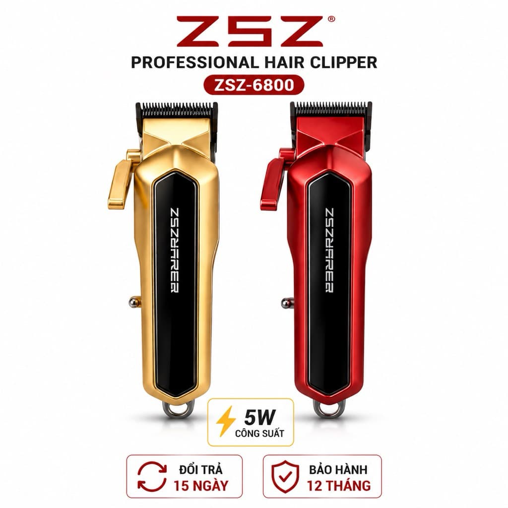 Tông Đơ Cắt Tóc ZSZ-6800 Chuyên Nghiệp 5W Pin Sạc Mạnh Lưỡi Thép Không Gỉ Kèm 4 Cữ Cắt Cho Gia Đình Barber Salon