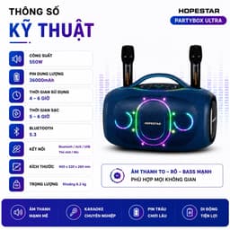 Loa Bluetooth Karaoke HOPESTAR PARTYBOX ULTRA 550W Kèm 2 Micro Không Dây - Pin 36000mAh - Đèn LED RGB - Hỗ Trợ USB/AUX 3