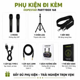 Loa Karaoke Bluetooth HOPESTAR PARTYBOX 168 400W Kèm 2 Micro Không Dây UHF, Bluetooth 5.3, Pin 32000mAh, Chống Nước IPX5 6