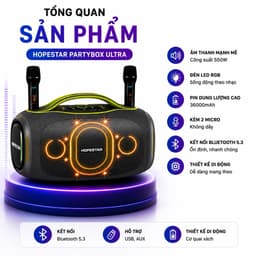 Loa Bluetooth Karaoke HOPESTAR PARTYBOX ULTRA 550W Kèm 2 Micro Không Dây - Pin 36000mAh - Đèn LED RGB - Hỗ Trợ USB/AUX 2