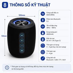 Loa Bluetooth AZTOMAX AZ-168 40W RMS Bluetooth 5.2 Âm Thanh Bass Mạnh Pin 4800mAh Hỗ Trợ USB TF AUX Type-C 8