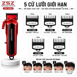 Tông Đơ Cắt Tóc ZSZ-6800 Chuyên Nghiệp 5W Pin Sạc Mạnh Lưỡi Thép Không Gỉ Kèm 4 Cữ Cắt Cho Gia Đình Barber Salon 7