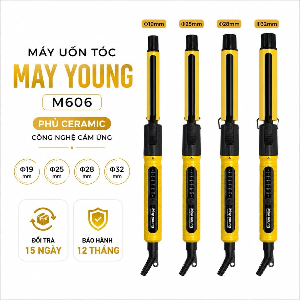 Máy Uốn Tóc May Young M606 Phủ Ceramic Cảm Ứng 19/25/28/32mm - Điều Chỉnh Nhiệt 130-230°C - Trục Xoay 360°