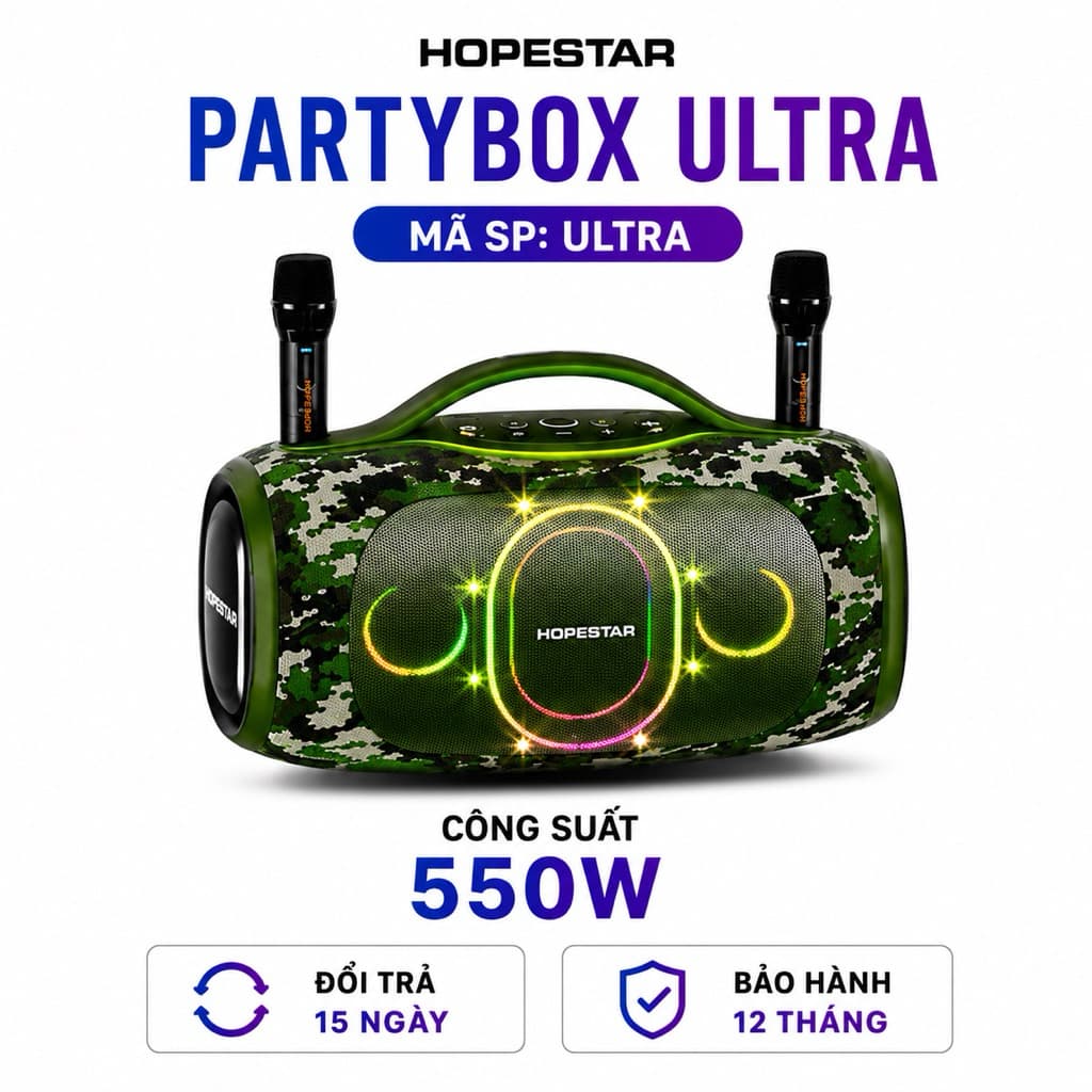 Loa Bluetooth Karaoke HOPESTAR PARTYBOX ULTRA 550W Kèm 2 Micro Không Dây - Pin 36000mAh - Đèn LED RGB - Hỗ Trợ USB/AUX