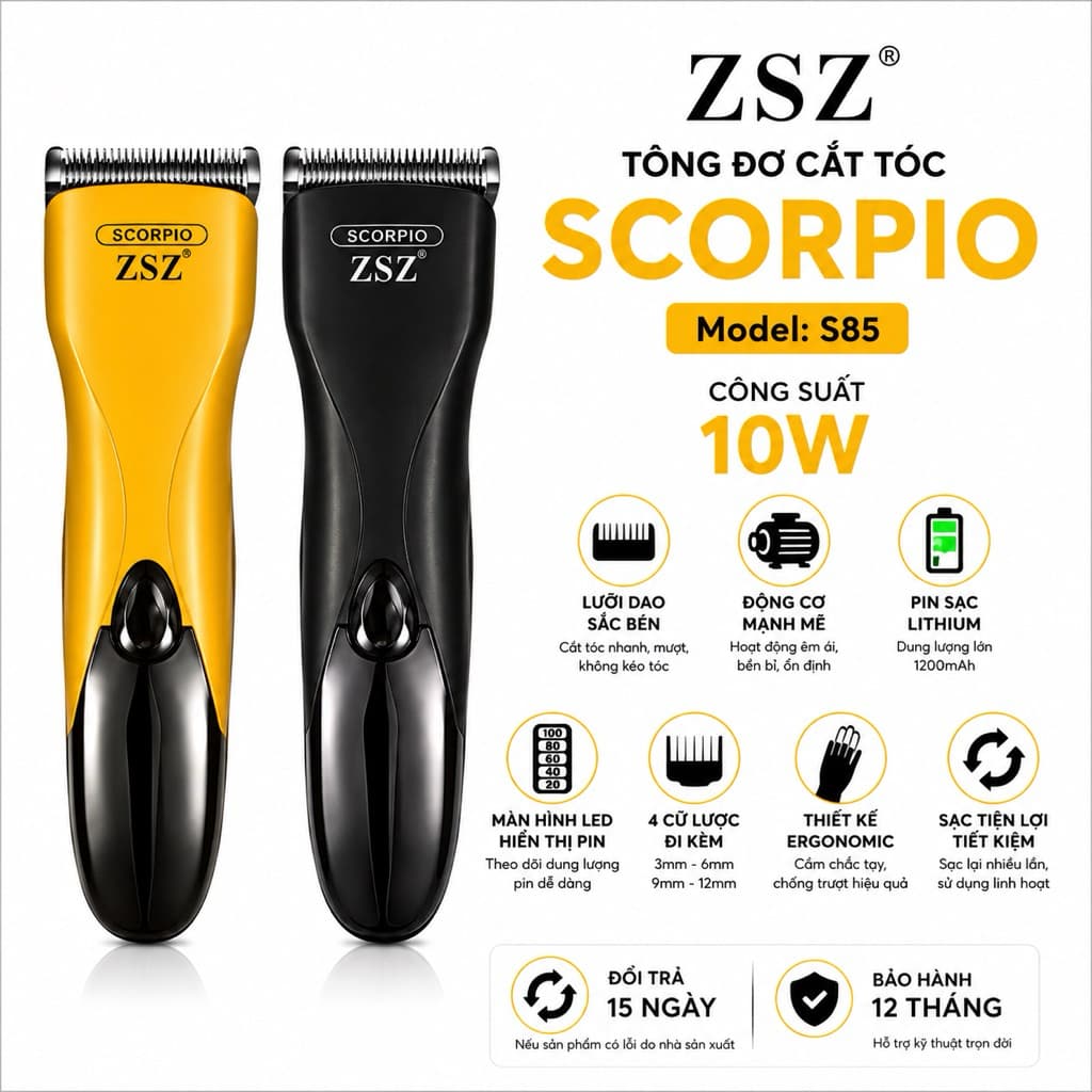 Tông Đơ Cắt Tóc ZSZ Scorpio S85 10W Màn Hình LED Hiển Thị Pin - Lưỡi Dao Thép Không Gỉ - Pin Sạc Lithium - Kèm 4 Cữ Lược