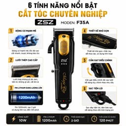 Tông Đơ Cắt Tóc Không Dây ZSZ F35A 10W - Pin Lithium 1200mAh - Cắt Êm, Mạnh, Chuyên Nghiệp Kèm 4 Cữ Lược 4