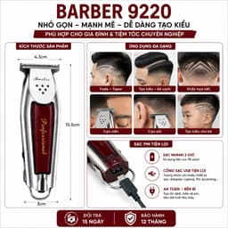 Tông Đơ Viền Barber 9220 10W Chuyên Nghiệp - Lưỡi T-Line Sắc Bén - Động Cơ Mạnh - Kèm 3 Cữ Cắt, Sạc 2 Chân 6