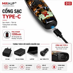 Tông Đơ Cắt Tóc MRHJP D10 10W Chính Hãng - Tông Đơ Viền Tóc Chuyên Nghiệp, Sạc Type-C, Pin 1200mAh, Lưỡi T-Blade Sắc Bén 8