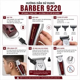 Tông Đơ Viền Barber 9220 10W Chuyên Nghiệp - Lưỡi T-Line Sắc Bén - Động Cơ Mạnh - Kèm 3 Cữ Cắt, Sạc 2 Chân 3