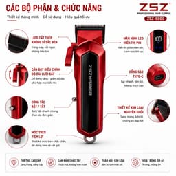 Tông Đơ Cắt Tóc ZSZ-6800 Chuyên Nghiệp 5W Pin Sạc Mạnh Lưỡi Thép Không Gỉ Kèm 4 Cữ Cắt Cho Gia Đình Barber Salon 4