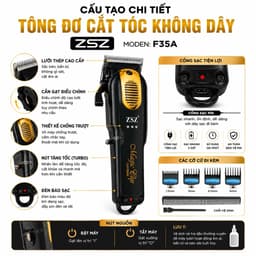 Tông Đơ Cắt Tóc Không Dây ZSZ F35A 10W - Pin Lithium 1200mAh - Cắt Êm, Mạnh, Chuyên Nghiệp Kèm 4 Cữ Lược 6