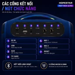 Loa Bluetooth Karaoke HOPESTAR PARTYBOX ULTRA 550W Kèm 2 Micro Không Dây - Pin 36000mAh - Đèn LED RGB - Hỗ Trợ USB/AUX 5